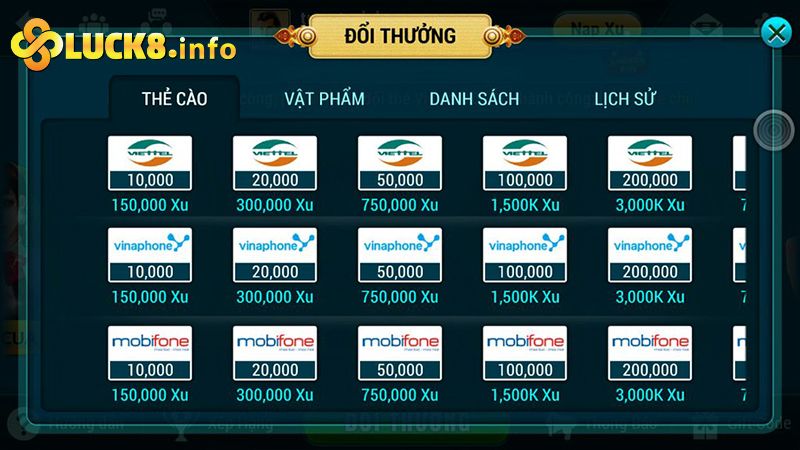 Thống kê các tựa game bài đổi thẻ cào Luck8